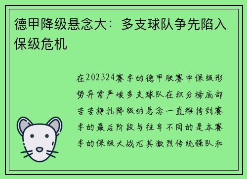 德甲降级悬念大：多支球队争先陷入保级危机