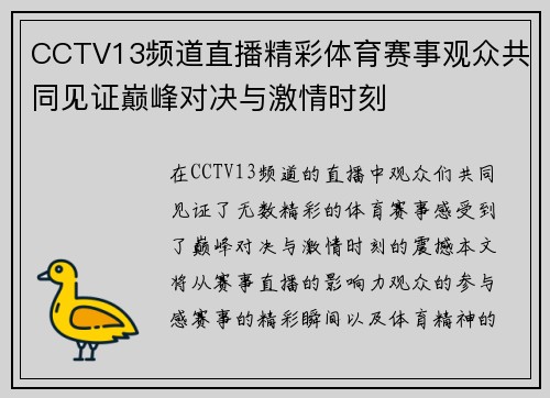 CCTV13频道直播精彩体育赛事观众共同见证巅峰对决与激情时刻