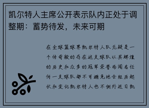 凯尔特人主席公开表示队内正处于调整期：蓄势待发，未来可期